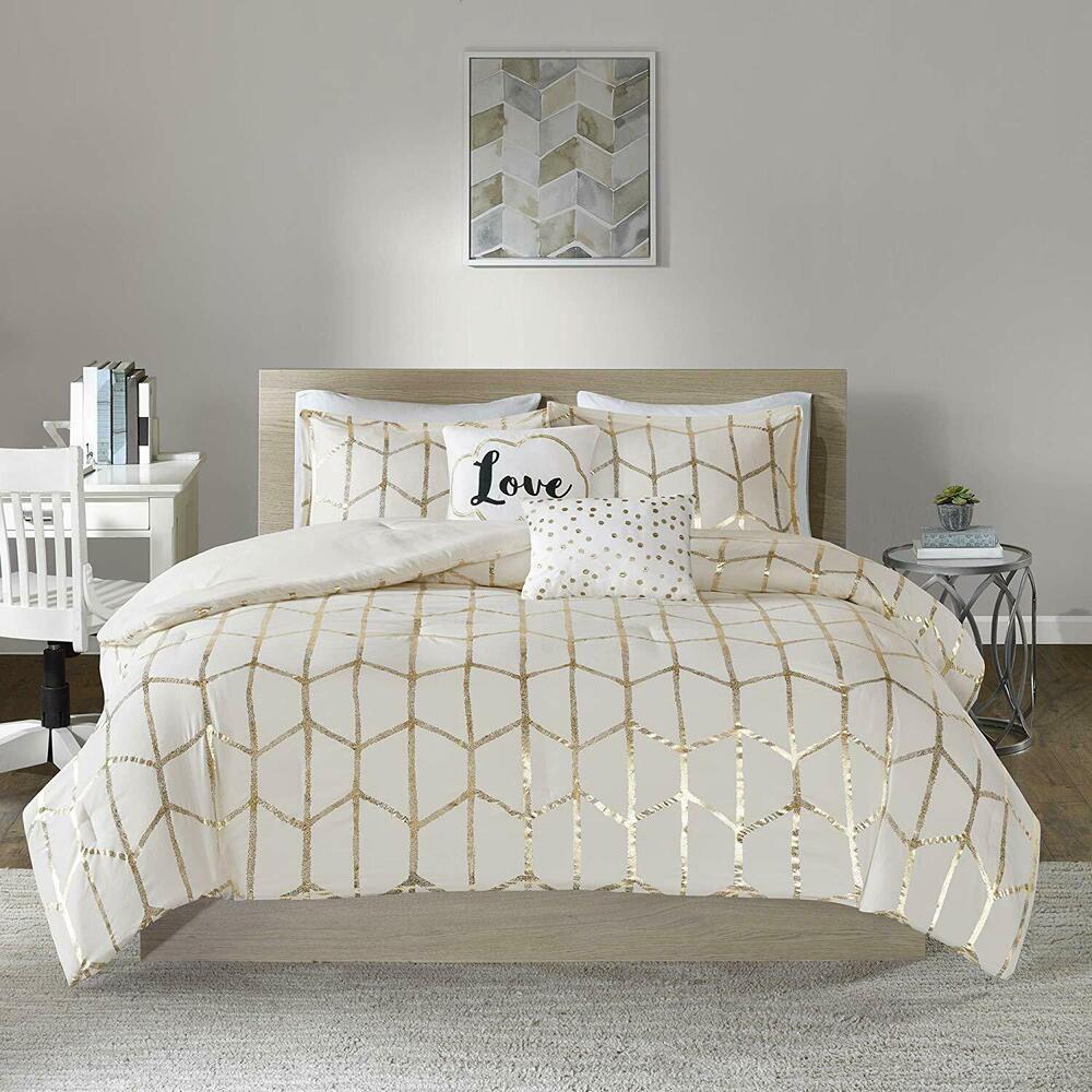Intelligent Design Love Raina Geo 5-Pc Comforter Set Ivory Gold Full Queen NEW